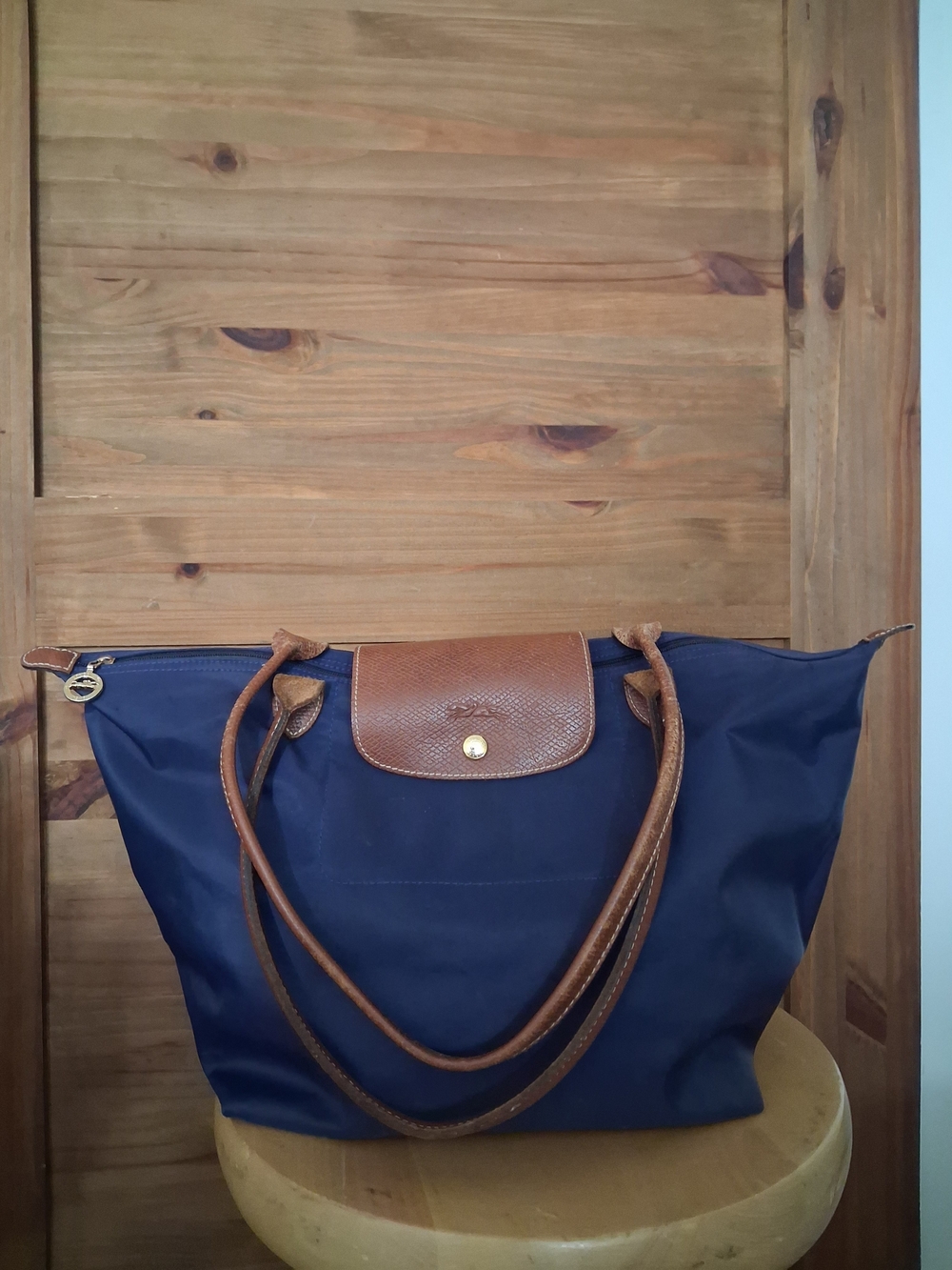 Longchamp Navy and Brown Le Pliage Large Tote